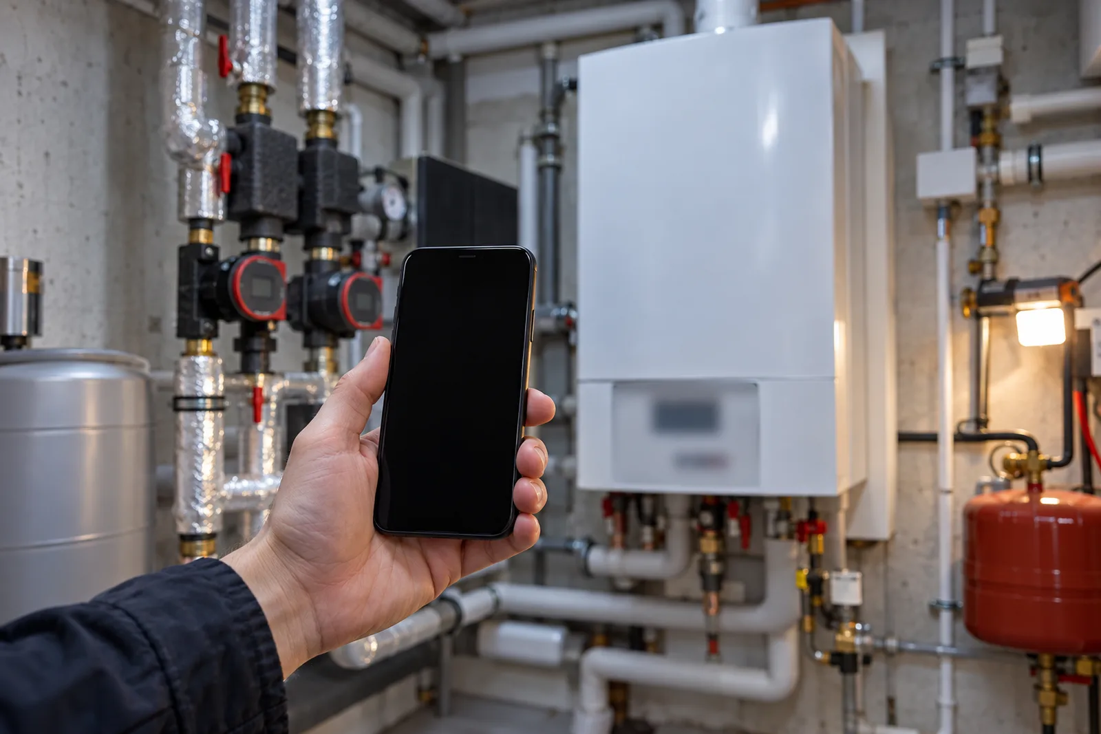 Heizungsraum eines öffentlichen Gebäudes, Kessel wird für den Bedarfsausweis per Handy fotografiert, bedarfsausweis® Nordrhein-Westfalen